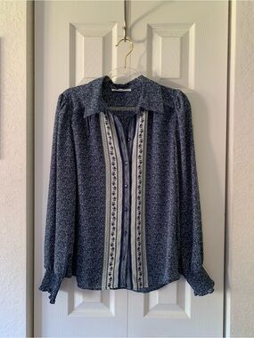 DR2 Navy Floral Button-Down Blouse with Cream Size XS